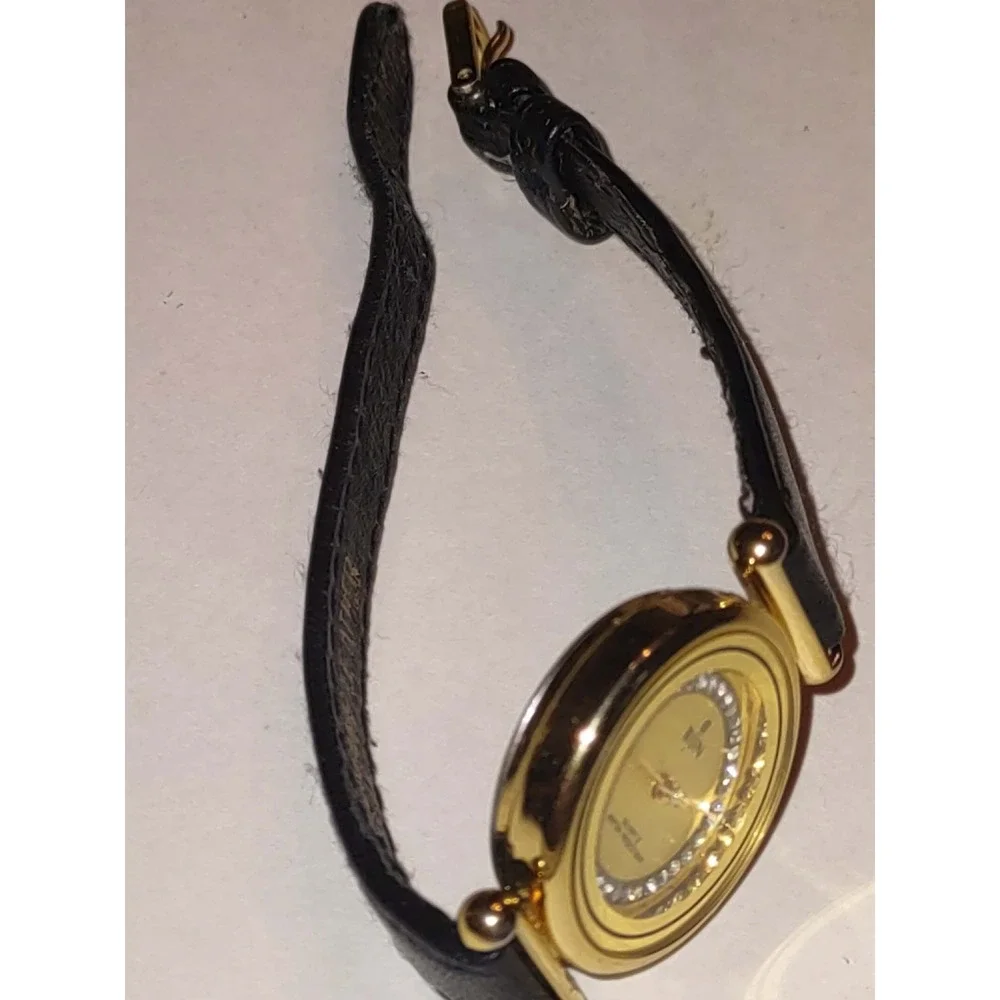 Bijin Japan Quartz Watch Womens Gold Tone Crystal Bezel Black Leather Strap